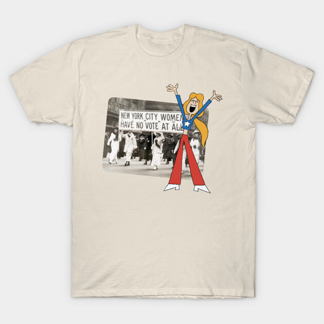 Beige graphic T-shirt featuring vintage suffrage protest design, cartoon character in red and blue, cotton material.