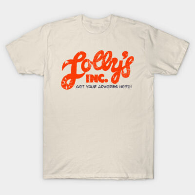 Cream graphic t-shirt with bold red and black "Lolly's Inc." text, casual style, perfect for everyday wear.