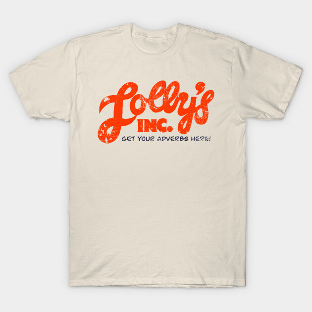 Cream graphic t-shirt with bold red and black "Lolly's Inc." text, casual style, perfect for everyday wear.
