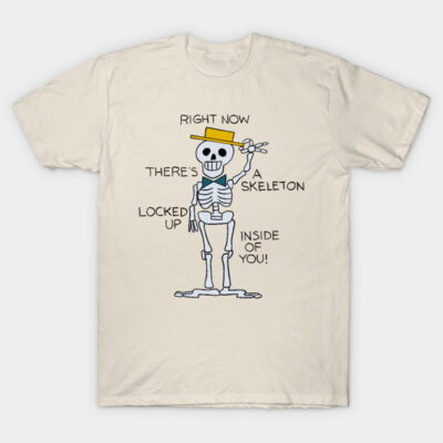 Cream t-shirt with playful skeleton graphic and text, perfect for casual wear, made of soft cotton material.