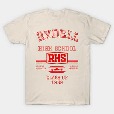 Vintage beige t-shirt with red "Rydell High School" graphic, 1959 class design, casual cotton wear.