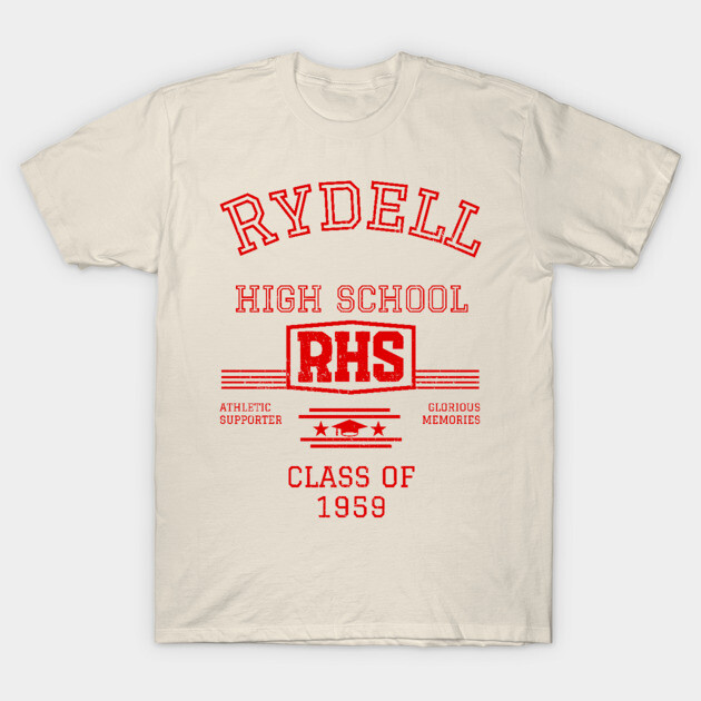 Vintage beige t-shirt with red "Rydell High School" graphic, 1959 class design, casual cotton wear.