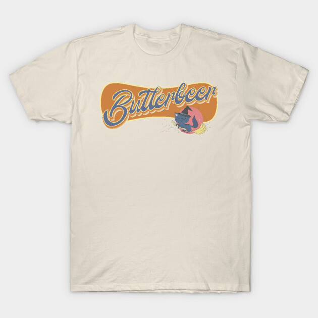 Cream T-shirt with "Butterbeer" graphic, retro style, casual wear, soft cotton material.