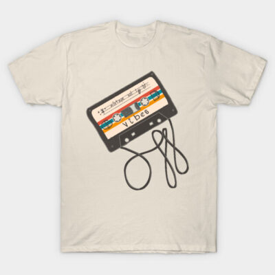 Vintage cassette tape graphic tee, beige, retro style, casual wear, 100% cotton, unisex.