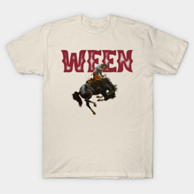 Cream t-shirt featuring bold red "WEEN" text and a rodeo horse graphic, casual style, cotton material.