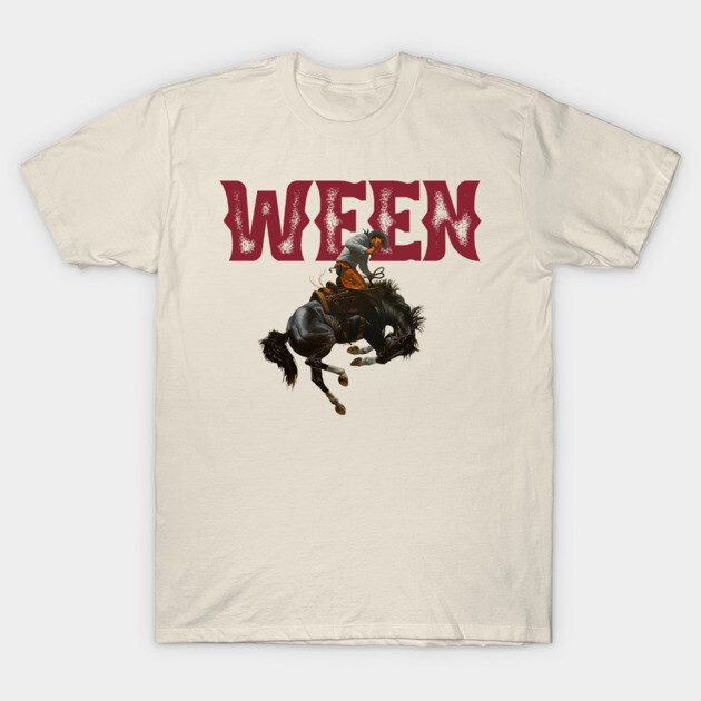 Cream t-shirt featuring bold red "WEEN" text and a rodeo horse graphic, casual style, cotton material.