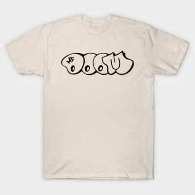 Cream t-shirt with black graffiti-style text, casual wear, soft cotton fabric, suitable for everyday use.