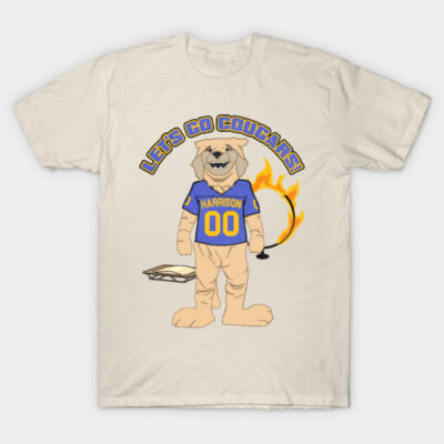 "Beige t-shirt with cougar mascot design, blue and gold text, ideal for sports fans, 100% cotton casual wear."