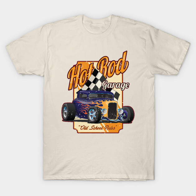 Vintage style beige t-shirt with hot rod graphic, featuring checkered flag and "Old School Rules" text.
