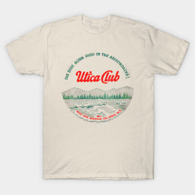 Vintage-style cream t-shirt featuring Utica Club graphic with mountains and forest design, perfect for casual wear.