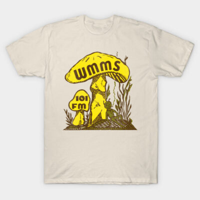 "Vintage cream t-shirt with yellow WMMS 101 FM mushroom graphic, casual style, soft cotton material."