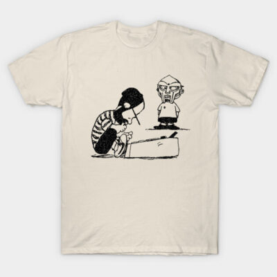 Cream t-shirt with black graphic design, featuring cartoon characters, casual style, 100% cotton, unisex fit.