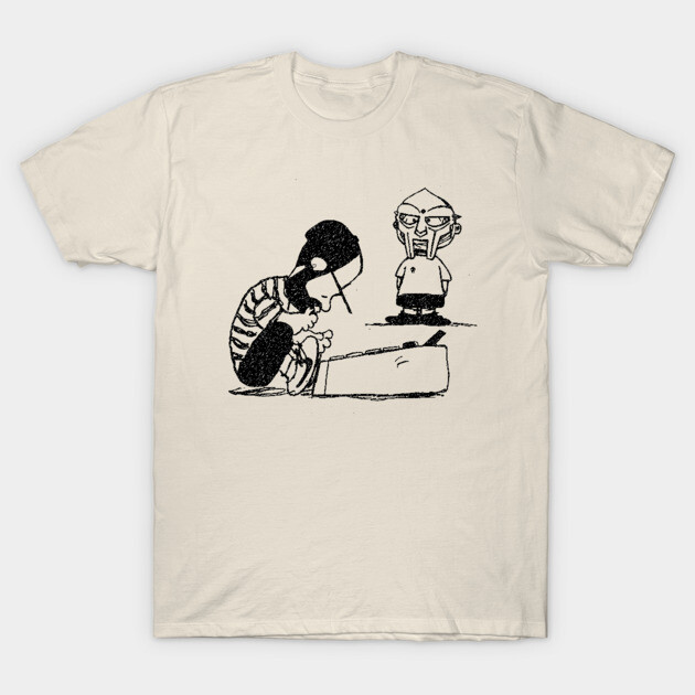 Cream t-shirt with black graphic design, featuring cartoon characters, casual style, 100% cotton, unisex fit.