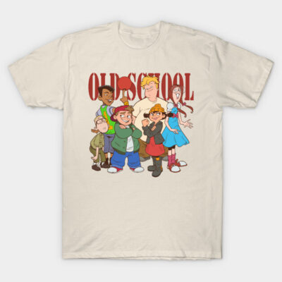 Beige "Old School" graphic t-shirt featuring cartoon characters, casual style, 100% cotton, unisex design.