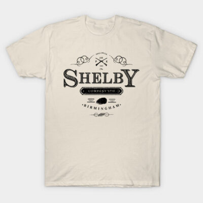 Cream graphic t-shirt with vintage "Shelby Company Ltd" Birmingham design, casual style, cotton material.