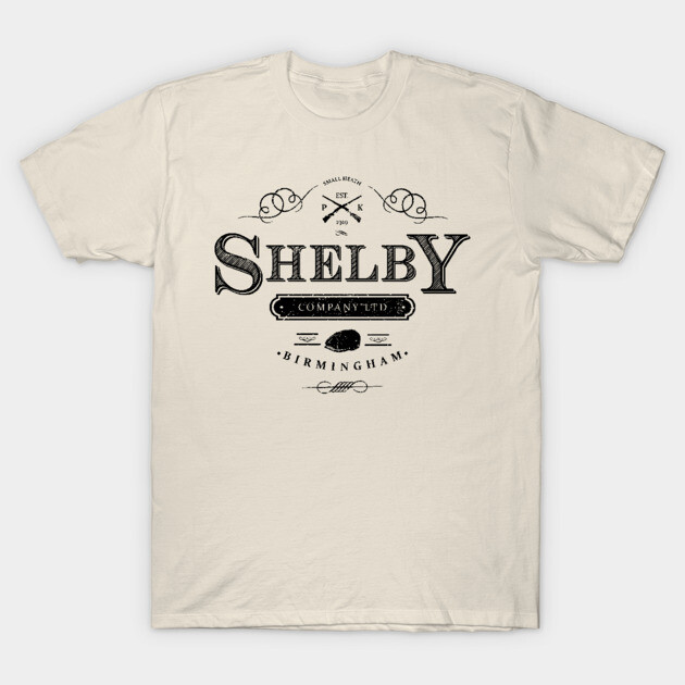Cream graphic t-shirt with vintage "Shelby Company Ltd" Birmingham design, casual style, cotton material.