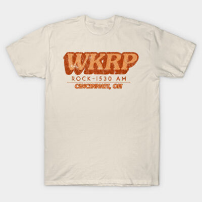 Cream t-shirt with vintage WKRP Cincinnati graphic, short sleeves, casual style, perfect for fans of retro radio designs.