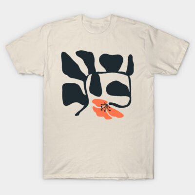 Cream t-shirt with abstract black and orange floral design, short sleeve, 100% cotton, casual wear.