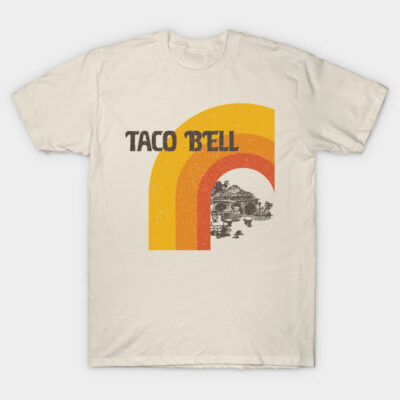 Vintage-style cream t-shirt with retro orange and yellow graphic design, ideal for casual wear.