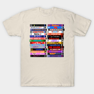 Cream T-shirt with colorful vintage VHS tape design, showcasing classic movie titles, casual wear, cotton material.
