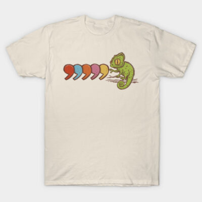 White t-shirt with colorful chameleon design and vibrant commas graphic, casual style, cotton material.