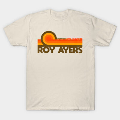 Vintage beige T-shirt with retro graphic design, featuring bold text and vibrant sunset-inspired colors. Cotton material.