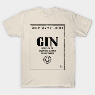 Beige T-shirt with vintage-style gin label design, featuring black text and logo. Casual wear, cotton material.