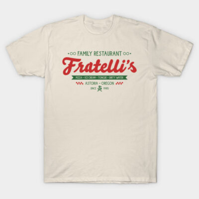 Cream t-shirt with retro Fratelli's family restaurant logo, red and green text. Casual wear, cotton material.