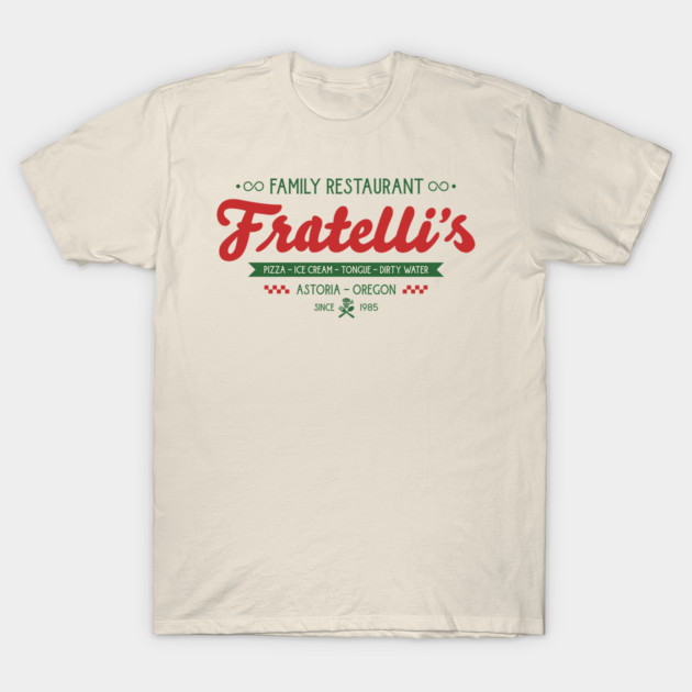 Cream t-shirt with retro Fratelli's family restaurant logo, red and green text. Casual wear, cotton material.