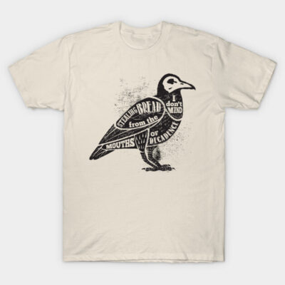 Beige t-shirt with black illustrated bird and text design, casual style, cotton material, perfect for everyday wear.