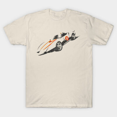 Cream t-shirt featuring vintage racing car graphic in black and orange, casual style, 100% cotton, unisex design.