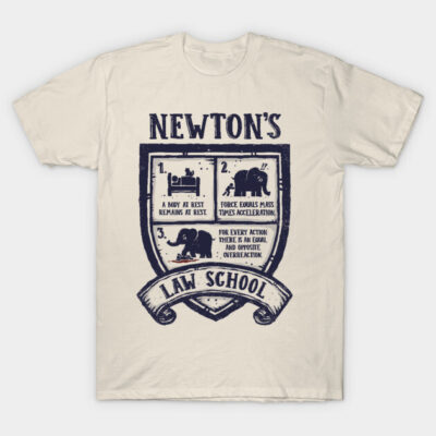 Cream t-shirt featuring "Newton's Law School" design with humorous physics-themed graphics and text.