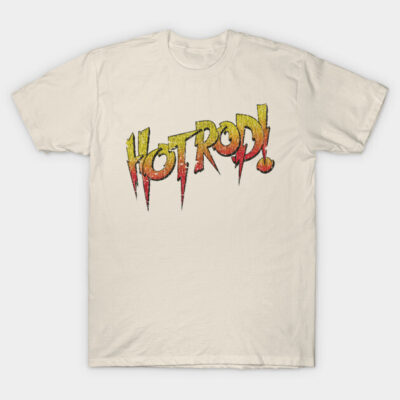 Beige "Hot Rod" graphic t-shirt, vintage style, bold red and yellow lettering, casual wear, cotton material.
