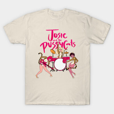 Cream T-shirt featuring colorful "Josie and the Pussycats" band graphic, casual wear, soft cotton material.