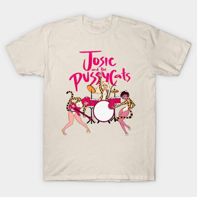 Cream T-shirt featuring colorful "Josie and the Pussycats" band graphic, casual wear, soft cotton material.