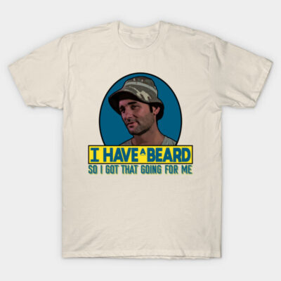 Beige graphic t-shirt with humorous beard-themed design; casual wear; cotton material; unisex style.