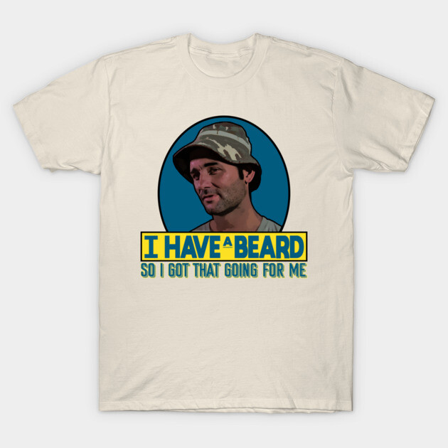 Beige graphic t-shirt with humorous beard-themed design; casual wear; cotton material; unisex style.