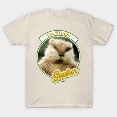 Beige t-shirt with a playful gopher graphic and "I'm Alright" text, perfect for casual wear, cotton material.