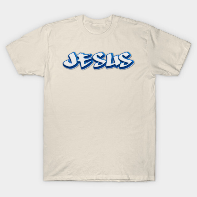 White cotton T-shirt with "Jesus" in blue graffiti style font, casual and comfortable for everyday wear.