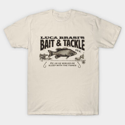 Vintage cream t-shirt with "Bait & Tackle" graphic, featuring fish and fishing gear, perfect for casual wear.