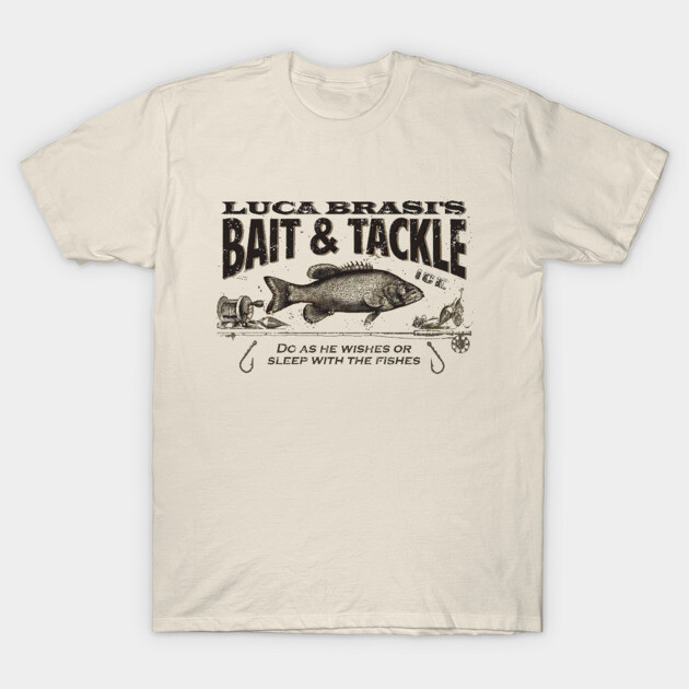 Vintage cream t-shirt with "Bait & Tackle" graphic, featuring fish and fishing gear, perfect for casual wear.