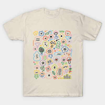 Cream T-shirt featuring colorful abstract floral design, cotton material, casual style, ideal for everyday wear.