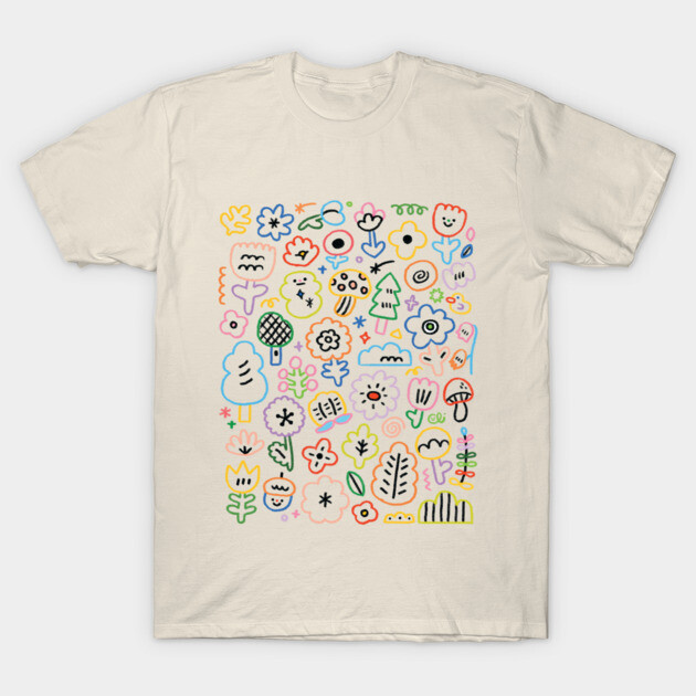 Cream T-shirt featuring colorful abstract floral design, cotton material, casual style, ideal for everyday wear.