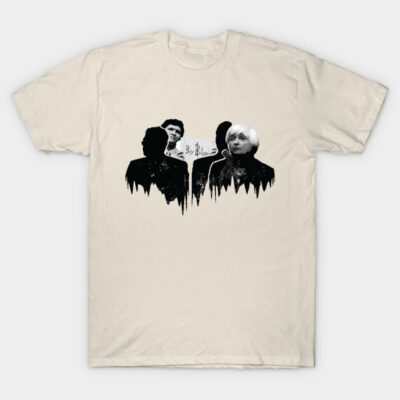 Beige graphic t-shirt featuring abstract black and white silhouette design, casual wear, comfortable cotton fabric.