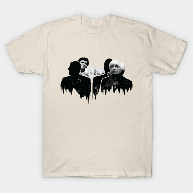 Beige graphic t-shirt featuring abstract black and white silhouette design, casual wear, comfortable cotton fabric.