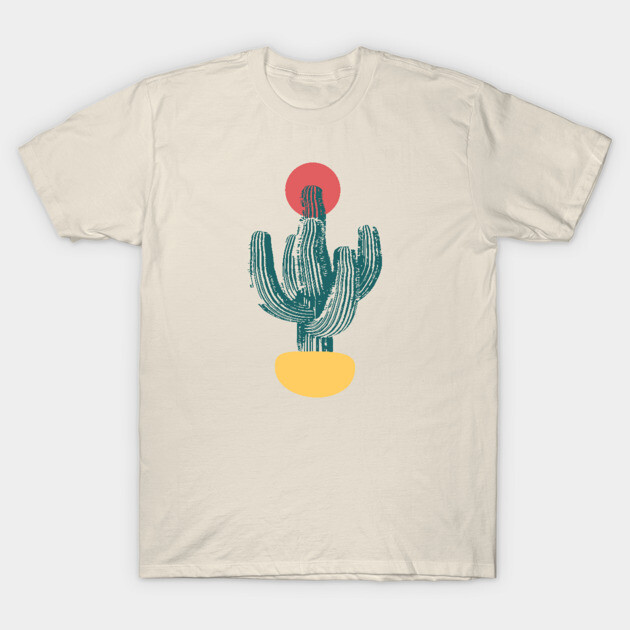Beige t-shirt with abstract cactus design, red sun, and yellow base. Casual style, cotton material, unisex fit.