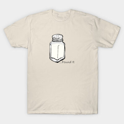 White graphic tee with salt shaker illustration and "Found It" text, casual style, cotton fabric.