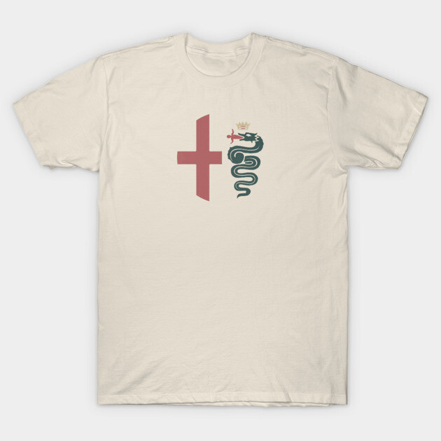 Cream t-shirt featuring red cross and crowned serpent design, casual cotton wear for everyday style.
