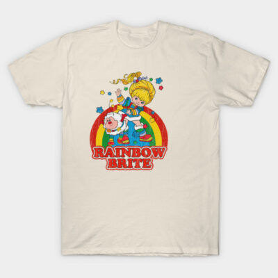 Retro beige t-shirt with colorful cartoon print and "Rainbow Brite" text, perfect for casual wear and vintage style lovers.