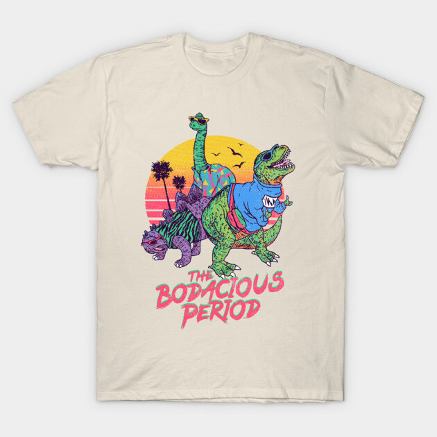 Beige t-shirt with colorful dinosaur graphic and "The Bodacious Period" text, casual style, cotton material.